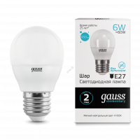 Лампа светодиодная LED 6вт 230в Е27 белый мат.шар Gauss