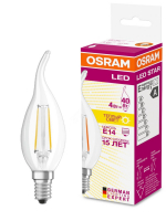 Лампа светодиодная LED 4Вт Е14 FILAMENT CLBA40, тепло-бел, прозр.свеча на ветру OSRAM