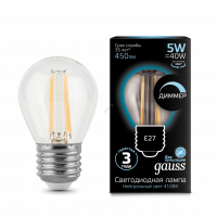 Лампа светодиодная LED 5Вт 230в, E27 Filament белый, dim шар Gauss