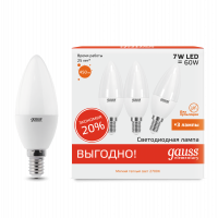 Лампа светодиодная LED 7Вт 230в,E14 теплый свеча Gauss ПРОМО (3шт в упак)