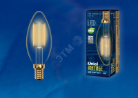 Лампа светодиодная декоративная LED 5вт 220-250В свеча 420Лм Е14 2250К золотая колба Uniel Vintage