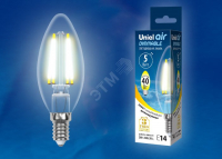 Лампа светодиодная LED 5вт 200-250В свеча диммируемая 450Лм Е14 3000К Uniel Air филамент