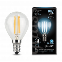 Лампа светодиодная LED 9Вт E14 Filament шар, белый Gauss