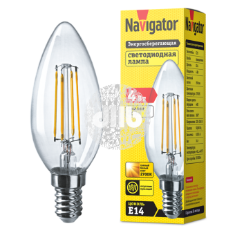 Лампа светодиодная LED 4вт E14 теплый свеча FILAMENT