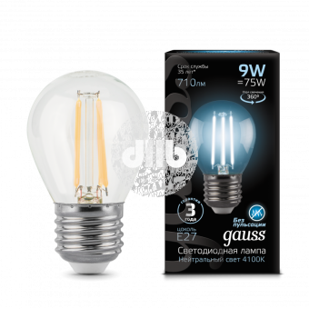Лампа светодиодная LED 9Вт E27 Filament шар, белый Gauss