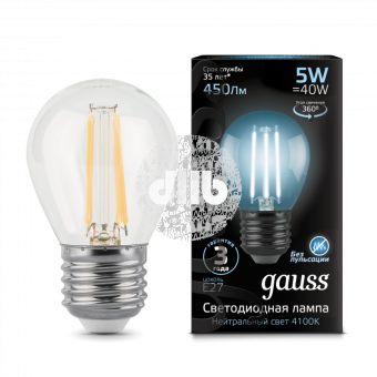 Лампа светодиодная LED 5Вт 230в, E27 Filament белый шар Gauss