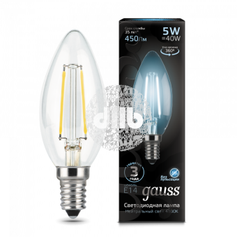 Лампа светодиодная LED 5Вт 230в,E14 Filament белый,свеча Gauss