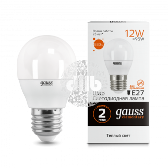 Лампа светодиодная LED 12Вт 880lm E27 3000K Elementary Шар Gauss