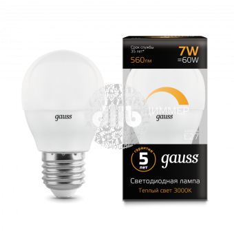 Лампа светодиодная LED 7вт,230в,Е27,теплый,dim,шар Gauss