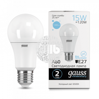 Лампа светодиодная LED 15вт 230в,Е27,дневной, A60 Gauss Elementary