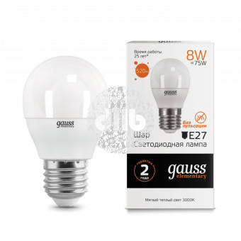 Лампа светодиодная LED 8вт 230в, Е27, теплый, шар Gauss Elementary