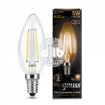 Лампа светодиодная LED 5Вт 230в, E14 Filament теплый, свеча Gauss